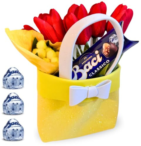 NARAMAKI® Idea Regalo Maestre - Borsetta Gialla con Manici 15x14cm + 37,5gr Baci Perugina + Bouquet di Tulipani Colorati + Mazzo di Mimosa - Regalo Donna|Amica|Mamma