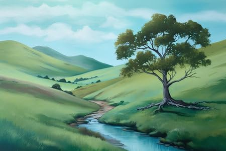 adrium Acryl-Bild 140 x 90 cm: Wunderschöne Landschaft mit einem Baum und einem Bach. Digitale Zeichnung. (202650956)