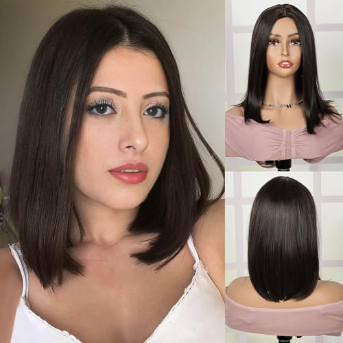 Creamily Kurze, gerade Bob-Perücke für Damen, lockig, schulterlang, synthetische Cosplay-Perücke, Bob für Mädchen, dunkelbraun, 35,6 cm