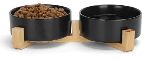 Nobleza - Keramik Hundenapf Katzennapf 2 x 500ML Futternapf für Hund Katzen mit Massivholz Ständer， rutschfest， für Katzen und kleine Hunde (Schwarz)