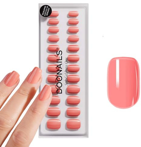 DOONAILS Soft Gel Press On Nails 30er Set Peach Please Short Square Form Pink Orange Nägel zum Aufkleben Full Cover in Salonqualität Fake nails soft gel Short Natürliches & angenehmes Tragegefühl