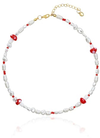 Yifnny Bunte Perlenkette, Y2k Sommer Schmuck Boho Imitation Perlenkette Bunte ketten Damen Hippie Kette Strandperlen Halskette Weiße Kurze Perlen Halskette Für Frauen (Roter Pilz)