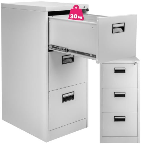 TecTake® Schedario Portadocumenti, 3 Cassetti, Cassettiera con Chiave, Cassettiera Metallo, Armadietto con Chiave, Armadietto Ufficio, 62.4x46x102.8 cm, Design Moderno, Estrazione Totale - Grigio