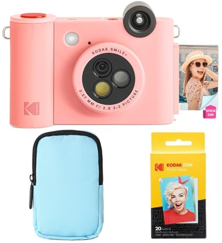 KODAK Smile+ - Paquete de iniciación de cámara instantánea Digital e Impresora fotográfica 2 en 1, Funda de Lujo + Papel Zink 20 Unidades, 10 MP, Lente giratoria, Color Rosa