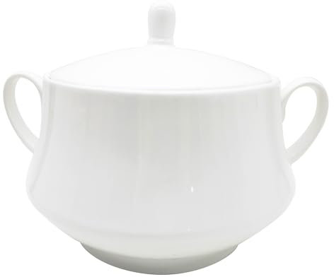 Elegant Ceramic Soup Tureen White Porcelain Serving Bowl with Lid Bone China Kitchenware Microwave and Dishwasher Safe 2.6 Quart Capacity