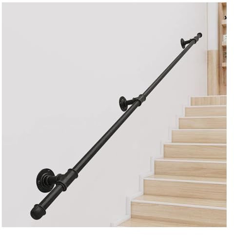 Main courante murale d'escalier en tuyau industriel pour personnes âgées avec support en fer forgé pour jardin, terrasse, balustrades de sécurité intérieure et extérieure (noir, 240 cm)