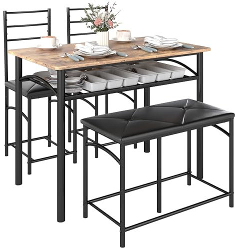 HOMCOM 4-TLG. Essgruppe, Esstisch mit 2 Stühlen, Bank, Platzsparende Esszimmergruppe, Esstisch-Set für kleine Räume, Küche, Esszimmer, Braun