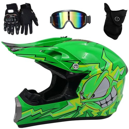 Casque de Motocross Pour Enfant, IntéGral, Pour Scooter, VTT, Quad, Dirt Bike, avec Lunettes, Gants Et Masque, Homologué DOT(Green sun moon,M(54-55cm))