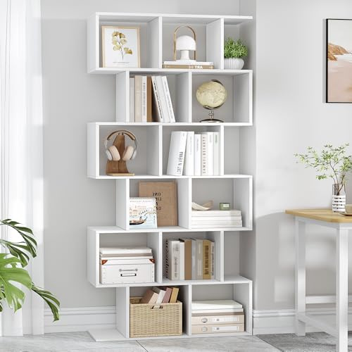 HEXCELEN Bücherregal, 6 Ebenen Bücherschrank, 29 x 78,6 x 188,4 cm, Weiß | Bücherschrank mit 12 Fächern, Büroregal, Ausstellungsregal, Bücherschrank Standregal, für Wohnzimmer, Schlafzimmer, Büro