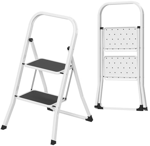 FIVMEN Trittleiter 2 Stufen Klappbar Leiter Klappleiter Treppenleiter Klapptritt Haushaltsleiter Tritthocker mit Breitem Trittbrett 30x20 cm bis 150 kg Belastbar, Schwarz+Weiß