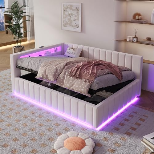 KEYIDE Polsterbett Schlafsofa 140x200, Mit hydraulischem Stauraum, Mit LED-Licht und USB-Ladeanschluss, Mit Rückenlehne, Kopfteil und Stabilem Bettrahmen, Samtstoff, ohne Matratze