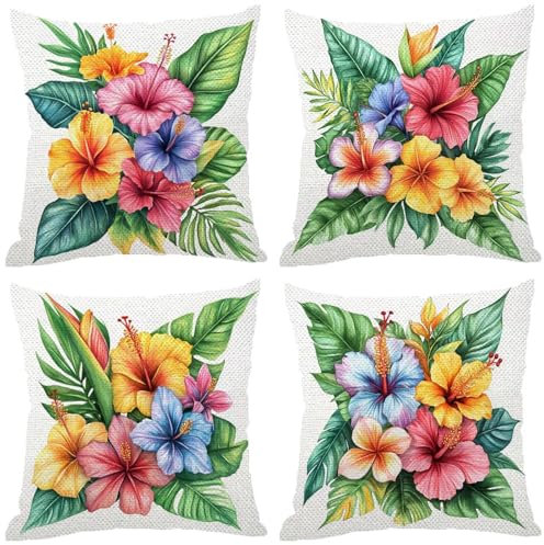 Fodere Cuscini da Esterno Impermeabili, Fiori Federe Cuscini Divano 70x70 Quadrate Set di 4, Doppia Faccia Stampa Lino Cushion Covers Tropicale Cerniera Invisibile per Room Decor, Regalo Donna Z-919