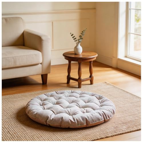 ZUODGGG Large Linen Floor Cushions,Round Futon Pillows Japanese Style Tufted Floor Pillows Meditation Cushions for Seating On Pad for Yoga Sofa Balcony(Size:65x65cm(26x26inch),Color:Beige)