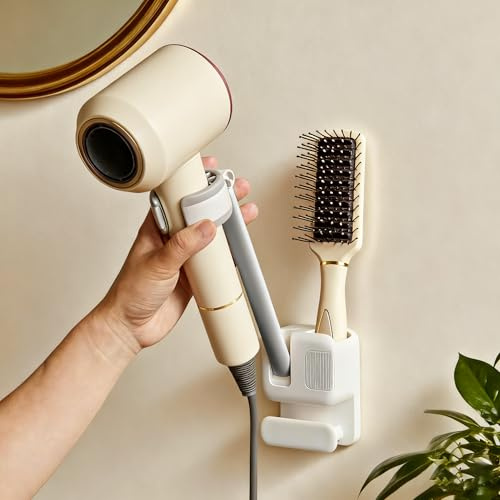 SpazioHub Hair Dryer Holder Wall Mount - Hold-free Hairdryer Holder with Hair Brush Stand & Cable Tidy Rack, Self Adhesive Blow Tool Organizer Accessories for Bathroom, Dressing Table Hanger, White
