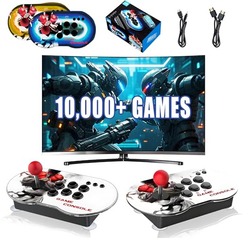 MT6 Retro Game Console,10000+ Games,Video Game Console with 2 Turret Joystick Gamepad,Support 4 Players Battle,4K HD Output Game Stick with PC/TV/Projector,Linux Source System,Plug and Play (64G)