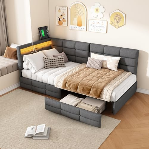 SHAODENG Polsterbett Schlafsofa 90x200, Schlafcouch mit Ausziehbett, Tagesbett mit LED und USB Ladefunktion, Bettrahmen mit Lattenrost, als Jugendbett or Gästebett, Grau, Leinen, ohne Matratze