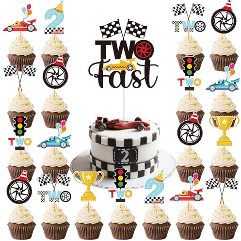 JoyAura Car Cake Topper - 25 Pcs Two Fast Birthday Decorations Race Cars 2nd Birthday Baby Boy Cupcake Toppers Let's Go Racing Table Decor Trophy Traffic Light Party Supplies