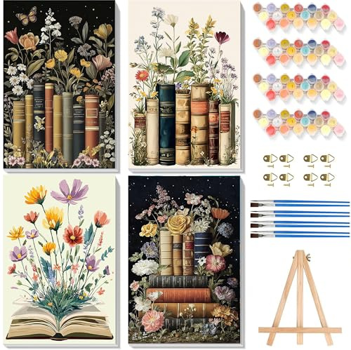 4 Pack Book Paint by Numbers for Adults with Framed Canvas & Wooden Easel | Book Painting by Number Kit Beginners on Canvas, Flowers Acrylic Oil Painting with Brushes for Home Wall Decor (8x12 inch)