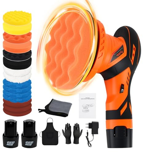 Flydida Pulidora de Coche con Batería, Pulidora excéntrica de 6 Pulgadas con 2 Piezas de 12V 2000mAh de Litio, Juego de Pulidoras de Coche 17 piezas 5500RPM para Pulido, Cera y Eliminación de Arañazos