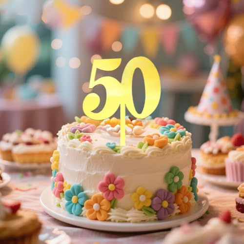 50th birthday decorations, 50th birthday cake topper, 50th cake topper- HSC Gold Acrylic Number 50 Cake Topper, Double-Sided Design for 50ths Birthday Anniversary Party Decorations
