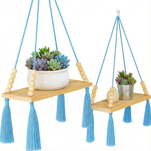 OHiZVZV 2er Set Hängeregale mit Seil, Wandregal Holz, Boho Deko Wanddeko Hängeregal Makramee-Wandbehang für Deko Wohnzimmer Schlafzimmer