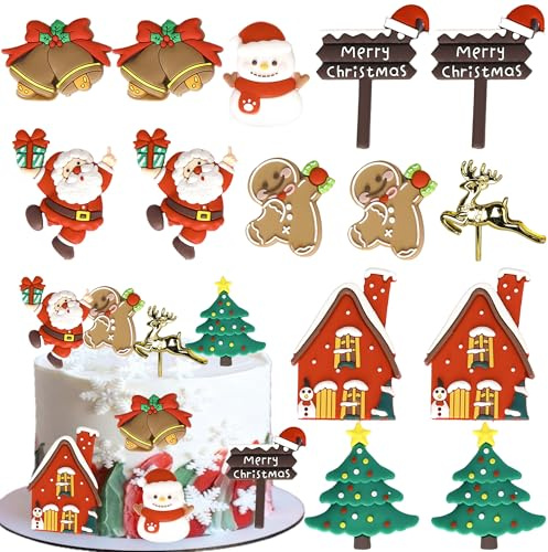 Xsstarmi Merry Christmas Cake Topper Decorations with Gingerbread Man Santa Claus Bells Cake Pick Golden Deer Xmas Tree Cake Decorations for New Year Christmas Party DIY Cake Decoration Supplies