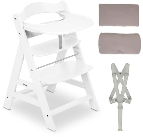 hauck Alpha+ Hochstuhl aus Buchenholz inkl. Klick Essbrett & Sitzkissen - Mitwachsender Kinderhochstuhl ab 6 Monaten bis 90 kg, Höhenverstellbar, mit 5-Punkt-Gurt, Schrittgurt & Essbrett, TÜV-geprüft