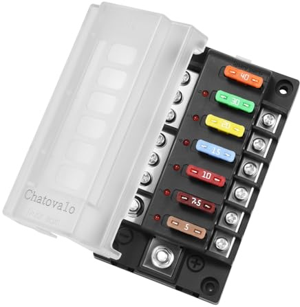 Chatovalo 6-fach Sicherungsblock mit Sammelschiene, 150 A, 12/24/48 V DC | Kabelzuführung aus 3 Richtungen. LED-Anzeige bei Sicherungsausfall. 7 Flachsicherungen inklusive