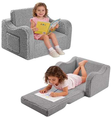 BUERPINKING Barnsoffa, Barnfåtölj Från 1 År, 2-I-1 Hopfällbar Barnsoffa Med Avtagbart Skydd För Flickor Och Pojkar, Grå, 58X43X40 CM
