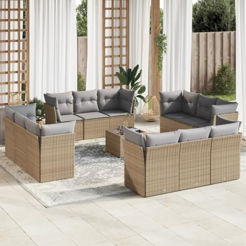 Owoxanthellate 13tlg. Poly-Rattan Garten-Eckbank-Gruppe beige 62x62x69 cm mit Glastisch, abnehmbaren Kissen & wetterfest