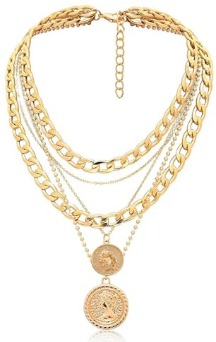 VOOSFSIE Pirate Accessories, Gold Costume Jewellery for Women, Punk Chunky Layered Pirate Necklace, Multi-Layered Engraved Medallion Coin Pendant, Exaggerated Cuban Necklace for Cosplay Party