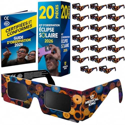 Lunettes Eclipse Solaire 2026 – Lot de 2/12/20 Paires Premium avec 2 Filtres Solaires pour Smartphone, Lunettes Eclipse Solaire ISO 12312-2,CE, Protection des Yeux pour l'Observation du Soleil