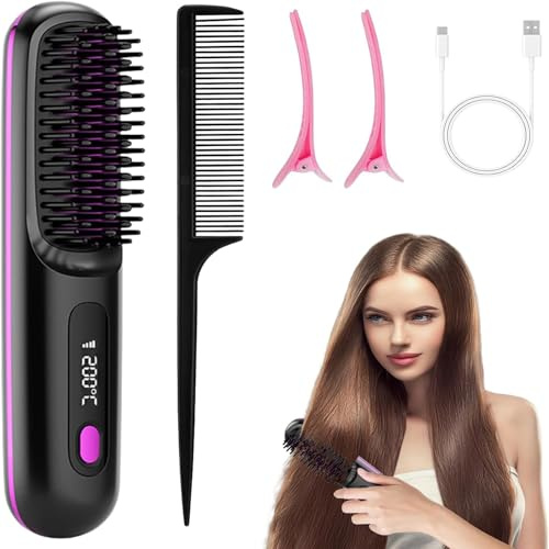 ZVD Alisador de Pelo, 2026 Actualización Inalámbrico Cepillo Alisador de Pelo, Peine Alisador Portátil para Viajes, Equipado con Sensores de ProteccióN TéRmica para El DañO Al Cabello (Negro)