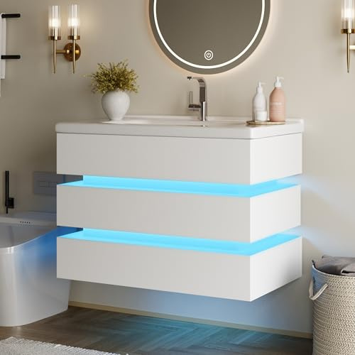 Ktipm Armario Baño Pared con LED y Lavabo de Cerámica, Muebles de Baño con 2 Cajones Grandes, Lavabo con Mueble, Almacenaje Baño Apto, 81x47.5x57 cm, Blanco