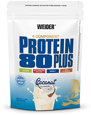 Weider Protein 80 Plus, 500g, Kokos | 4-Komponenten Protein Pulver, 80% Eiweiß, Cremige Shakes mit Calcium & Vitamin B6