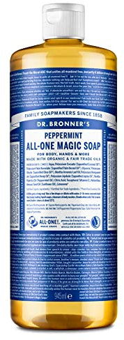 Dr Bronner's 18-in-1 Peppermint Pure-Castile Liquid Soap, Made with Organic Oils, Used for Face, Body, Hair, Laundry, Pets and Dishes, Certified Fair Trade & Vegan Friendly, 946ml Recycled Bottle