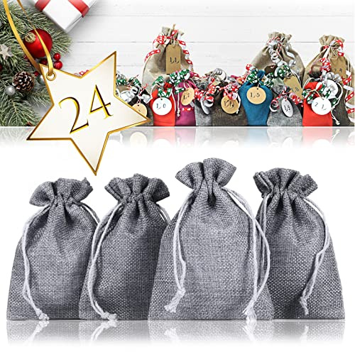 Ganzoo Kleine Jutesäckchen 24er Set, grau, 13 x 9,5 cm, Jute-Beutel mit Schnurverschluss im Saum, Naturprodukt für Geschenkbeutel, Schmuckbeutel, Deko, Give-away, Adventskalender und DIY