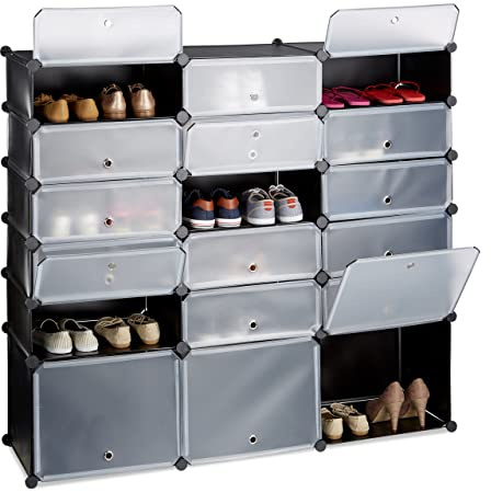 Relaxdays Schuhregal Kunststoff, 18 Fächer mit Türen, schwarz | DIY Regalsystem, 36 Paar Schuhe, HxBxT: 125x140x36 cm