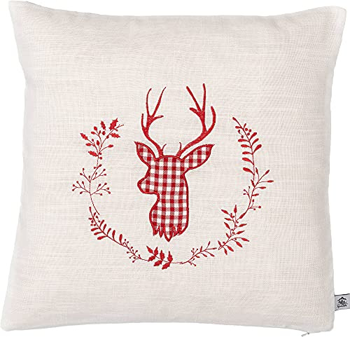 myZirbe Zirbenkissen beige Bestickt mit Hirsch Größe 40x40 cm befüllt mit Zirbenflocken aus Zirbenholz (rot)