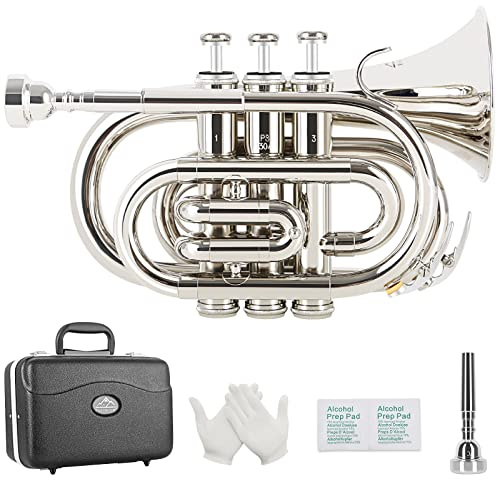 EastRock Pocket Trumpet Brass Bb Nickel Plated Trumpet with 7 C Mouthpiece, Hard Case, Strap, White Gloves, Cleaning Kit for Students and Beginners