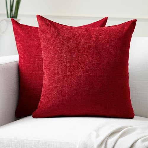 Encasa XO Chenille Kissenbezug, Sofa, ohne Füllung 60x60 cm | Scharlachrot, 100% Polyester | Versteckter Reißverschluss | Dekokissen & Zierkissen | Weich & Langlebig | 2er Set
