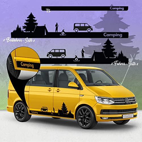 Auto-Dress Seiten-Streifen Camping-Set Dekor-Sticker passend für T5, T6 (Schwarz Glanz)