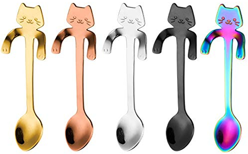 SHFSDHF Katzen Löffel 5 Stück Katzen Kaffee Löffel Edelstahl Kaffeelöffel Teelöffel Hängendes Design Teelöffel Dessertlöffel Für Wasser Tee Milch Kaffee Dessert Getränke