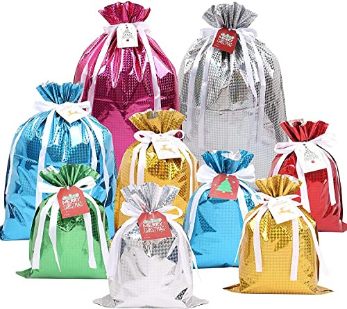Weihnachten Geschenkbeutel mit Kordelzug, Geschenktüten Bunt Foile, 15 Stück & 4 Größen Geschenktaschen mit Geschenkanhänger, Geschenke Taschen Geburtstag, Goody Bags für Weihnachten Party Urlaub