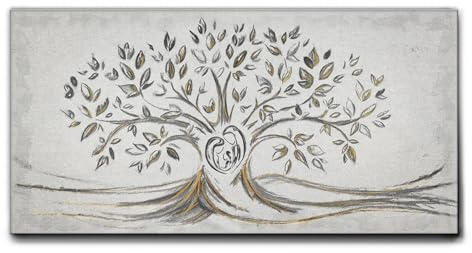 Giallobus - Quadro - 02 - Capezzale Moderno - Sacra Famiglia e Albero della Vita - Black&Gold - Tela Canvas Telaio Standard - 140x70 - Pronto da Appendere - Quadri Moderni per la casa