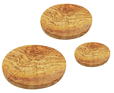 Juego de 3 tablas de cortar de madera de olivo: redondas, gruesas, hechas a mano. Paquete: compra 2 y obtén 1 gratis. Tamaños: 8.66 pulgadas - 11.81 pulgadas - 13.78 pulgadas x 0.98 pulgadas.