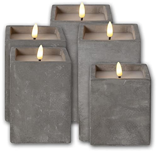 5er Set LED Stumpenkerze Beton Quader mit Timer, verschiedene Höhen, quadratisch, batteriebetrieben, Beton-Optik, Flackereffekt