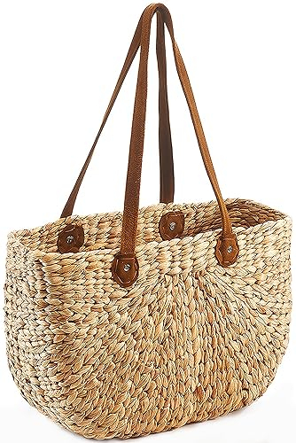Kobolo Korbtasche aus Wasserhyazinthe - die stilvolle Handtasche mit Lederhenkeln - aufwendig geflochtenes Boho-Design - perfektes Accessoire für Sommerlook - Maße: 43x18x30 cm - vielseitig einsetzbar