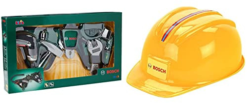 Theo Klein 8493 Bosch Werkzeuggürtel | Mit batteriebetriebenem Akkuschrauber Ixolino und zahlreichem Werkzeug & 8127 Bosch Handwerkerhelm | Der Spielzeughelm im Handwerker-Look | Größenverstellbar