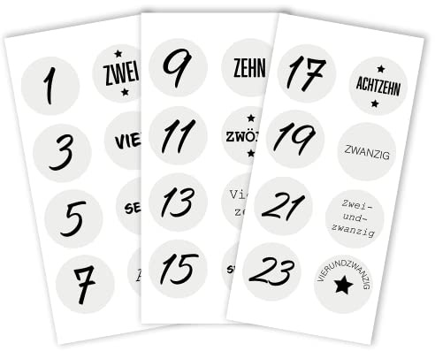 Adventskalender Zahlen Sticker grau | 24 Stk. Aufkleber | DIY | rund 4 cm